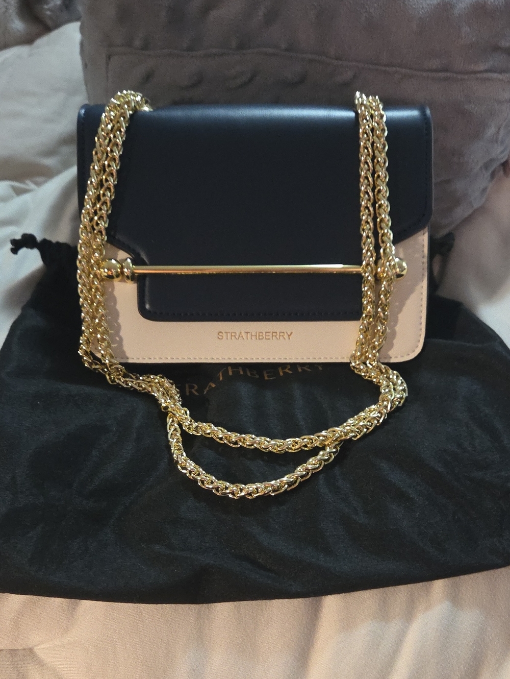 Strathberry Navy and Cream Leather Shoulder Bag with Gold Hardware